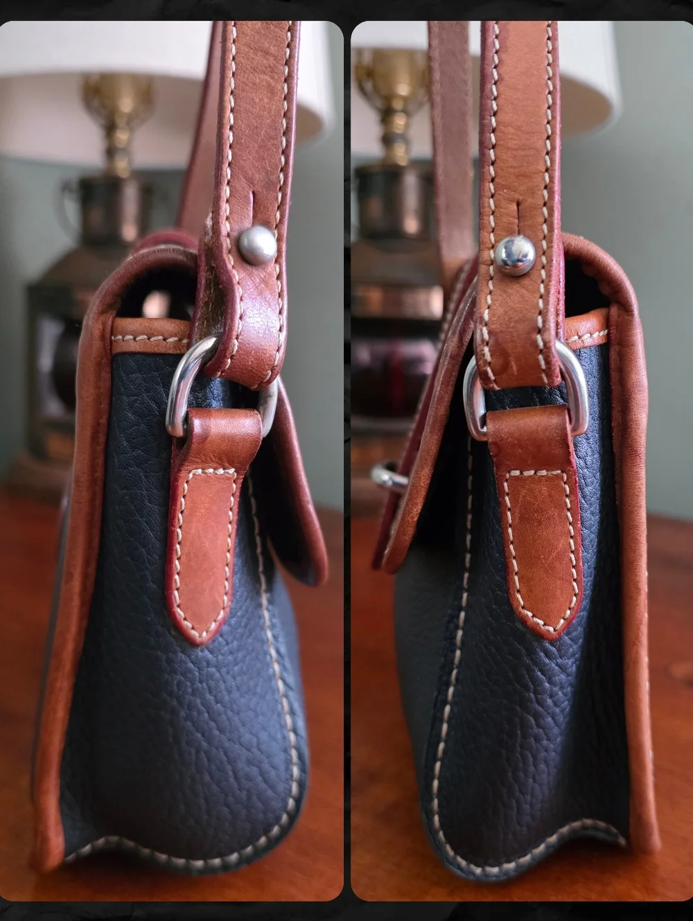 Dooney & Bourke Vintage Mini Flap Crossbody Navy Tan AWL Leather Bag